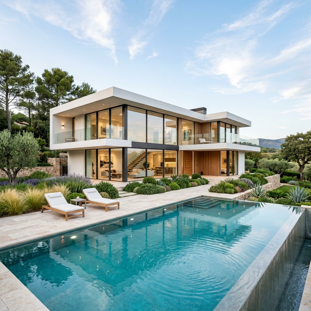 Realistic modern concrete and glass luxury villa
